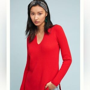 ett:twa by Anthropologie Womens Sz M Red Ribbed Merino Wool Blend Sweater V Neck